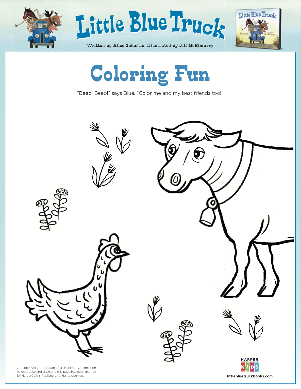 Click to download Cow and Rooster Coloring Page